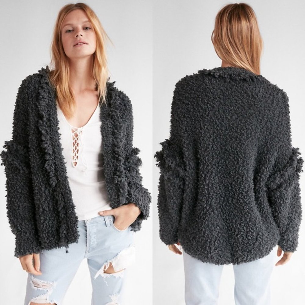 NEW EXPRESS CHARCOAL TEDDY OPEN FRONT CARDIGAN SWEATER JACKET SMALL